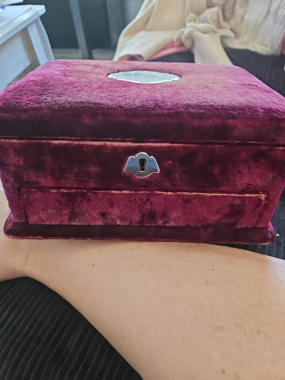 Antique Vintage Sewing Work Box Burgundy Velvet Mirror Hidden Compartment Key
